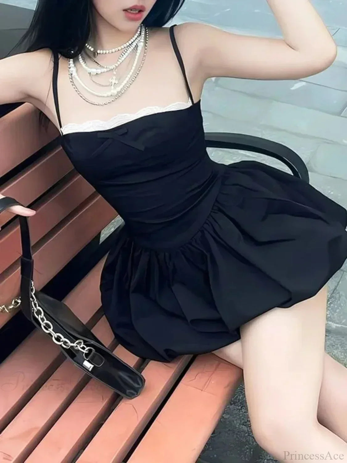 Lace Trim Bow Corset Bubble Hem Spaghetti Strap Mini Dress