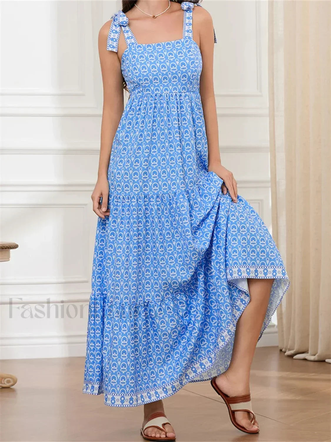 High Waist Tie Strap Print Maxi Dress