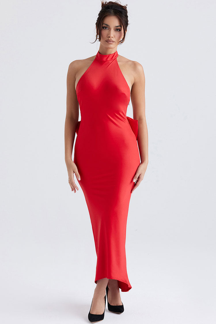 Satin Halter Backless Oversized Bow Tie Maxi Gown