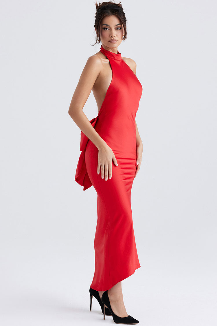 Satin Halter Backless Oversized Bow Tie Maxi Gown