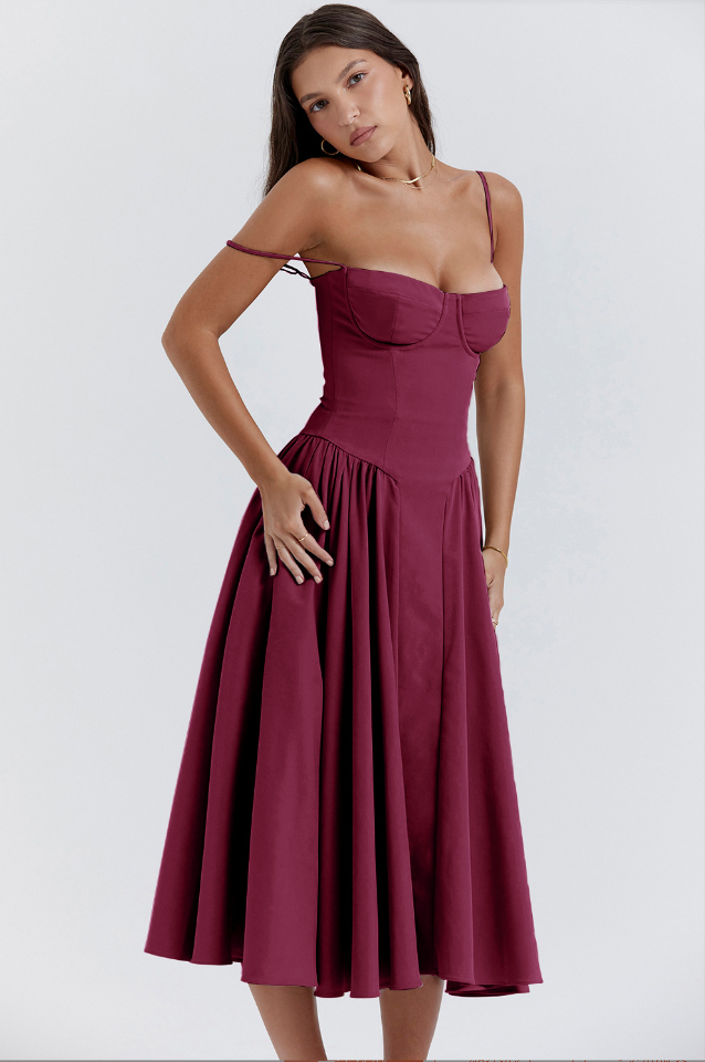 Bustier Sweetheart Spaghetti Strap Drop Waist Fit and Flare Midi Dress