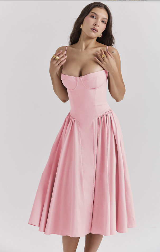 Bustier Sweetheart Spaghetti Strap Drop Waist Fit and Flare Midi Dress