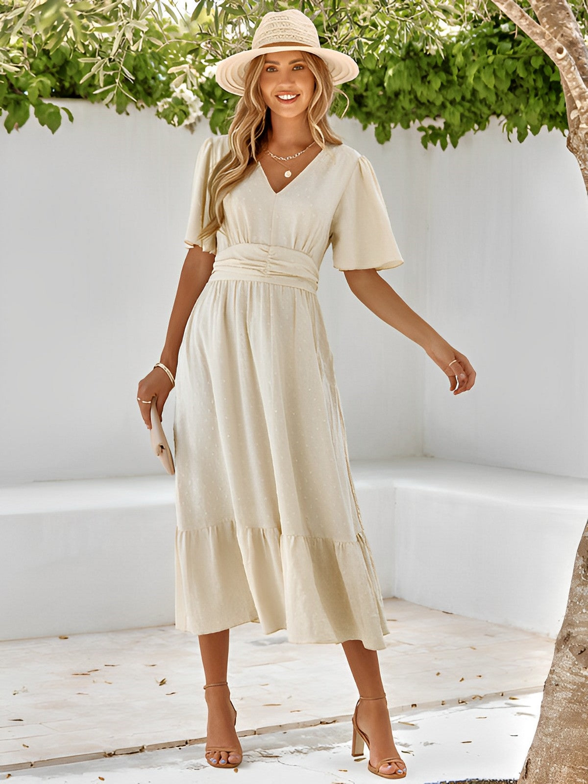 Swiss Dot Deep V-Neck Flutter Sleeve Smocked Waist Tiered Midi Dress