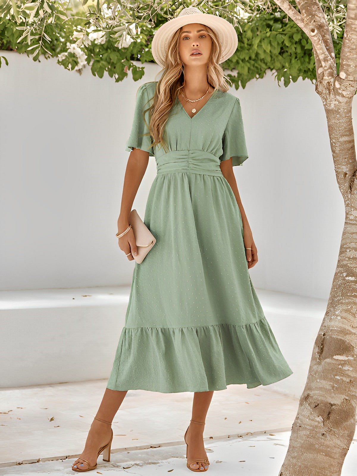 Swiss Dot V-Neck Flutter Sleeve Ruched Waist Ruffle Hem Midi Dress