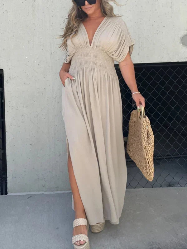 Deep V-Neck Flutter Sleeve Smocked Waist Side Slit Pocket Maxi Dress