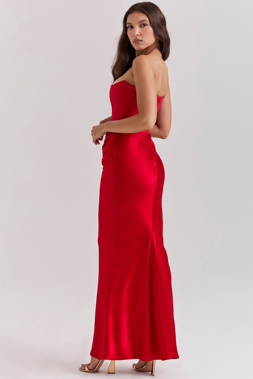 Strapless Pointed Sweetheart Corset Ruched Waist Column Maxi Gown