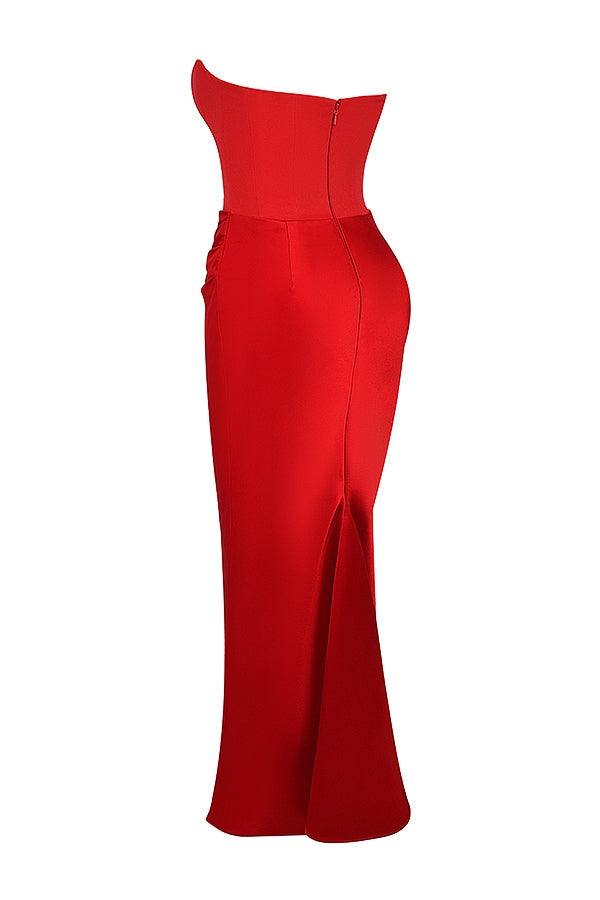 Strapless Pointed Sweetheart Corset Ruched Waist Column Maxi Gown