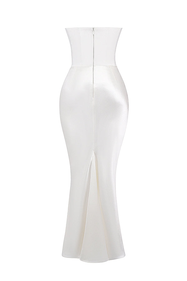 Strapless Pointed Sweetheart Corset Ruched Waist Column Maxi Gown