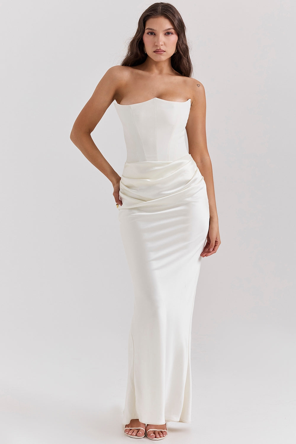 Strapless Pointed Sweetheart Corset Ruched Waist Column Maxi Gown