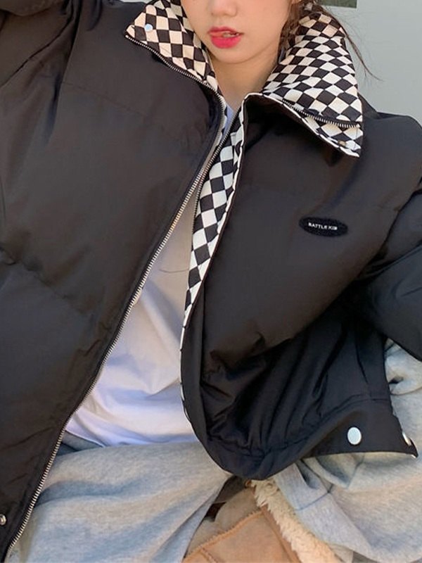 Checkered Collar Zip Up Padded Jacket