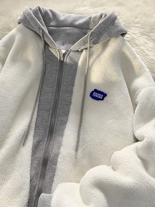 Oversized Patchwork Zip Up Fleece Hooded Jacket