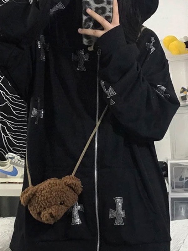 Rhinestone Cross Zip Up Hoodie