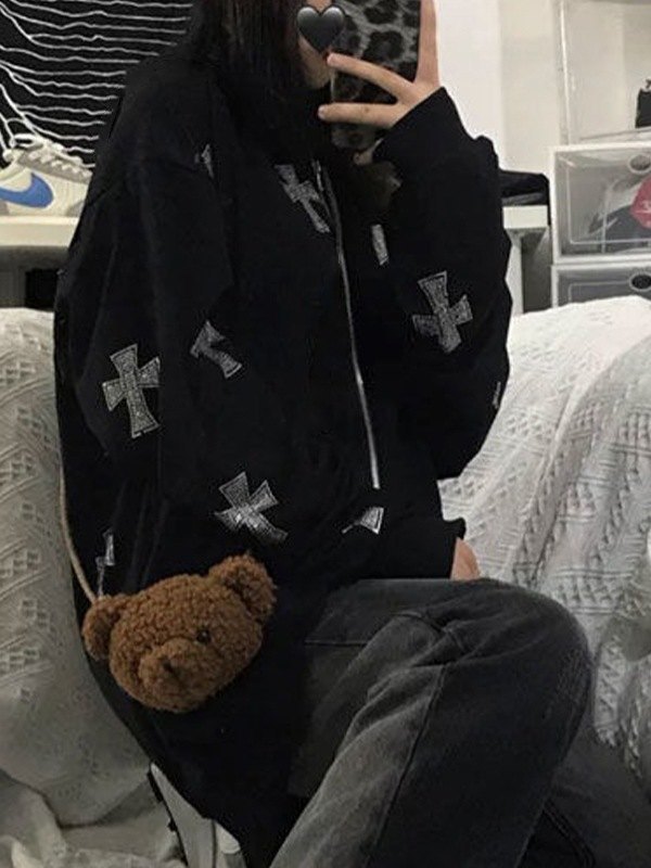 Rhinestone Cross Zip Up Hoodie