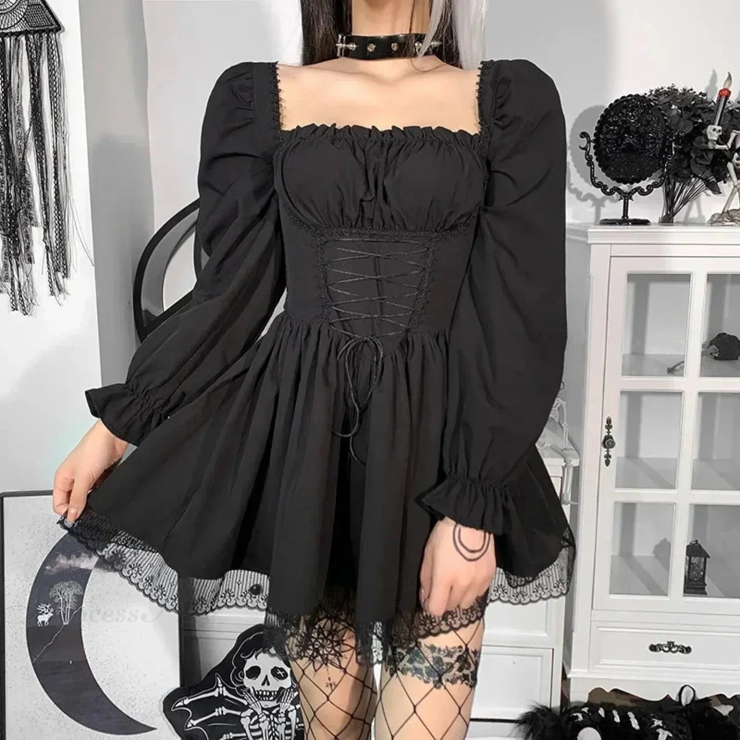 Square Neck Puff Sleeve Corset Lace-Up Floral Lace Trim Gothic Mini Dress