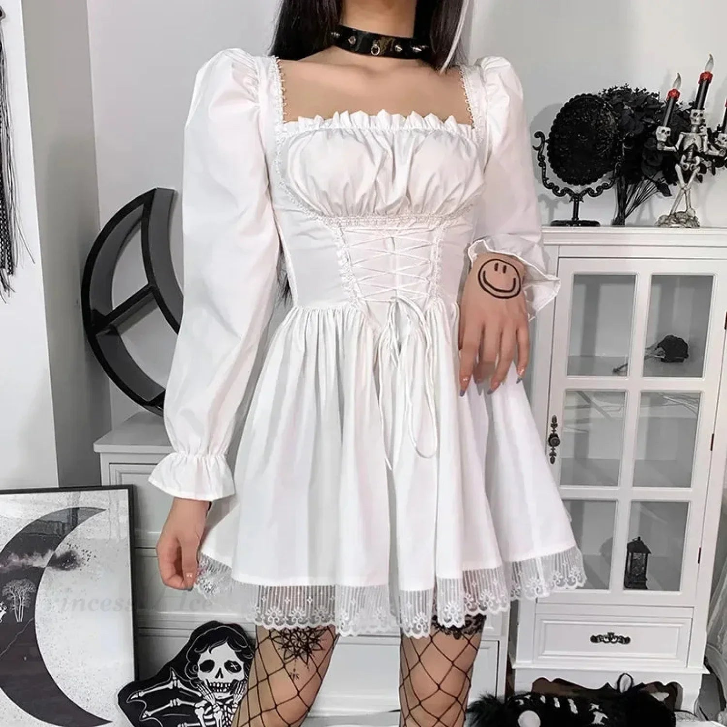 Square Neck Puff Sleeve Corset Lace-Up Floral Lace Trim Gothic Mini Dress