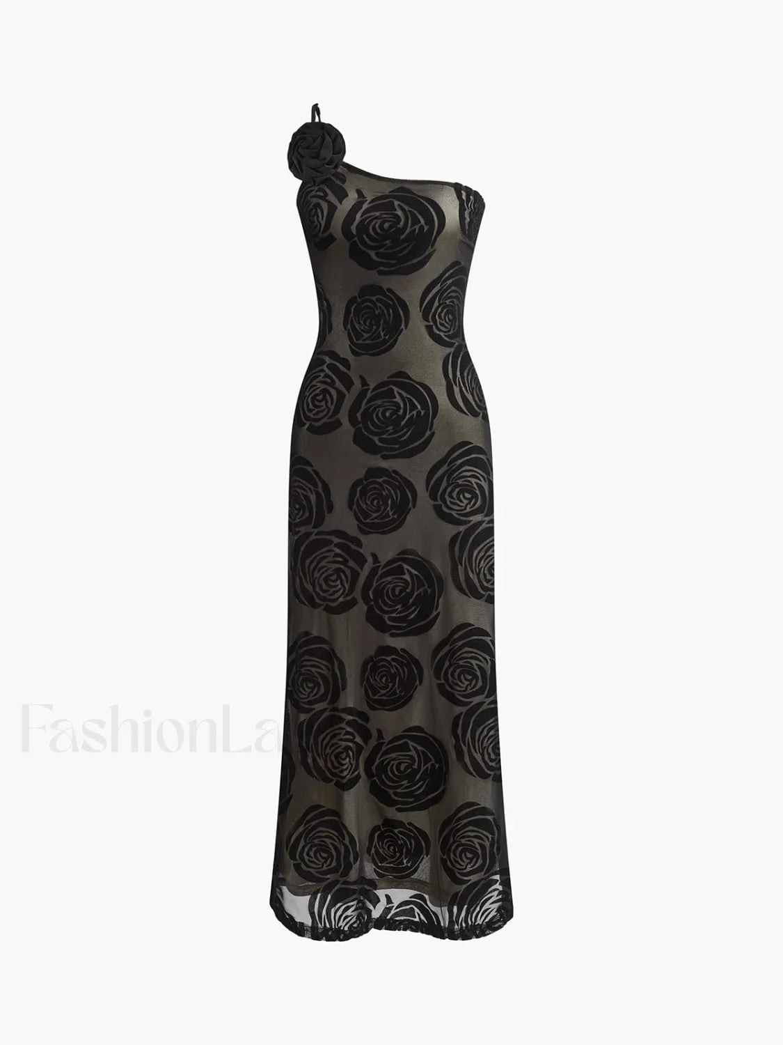 Black Jacquard Floral Asymmetrical Long Dress