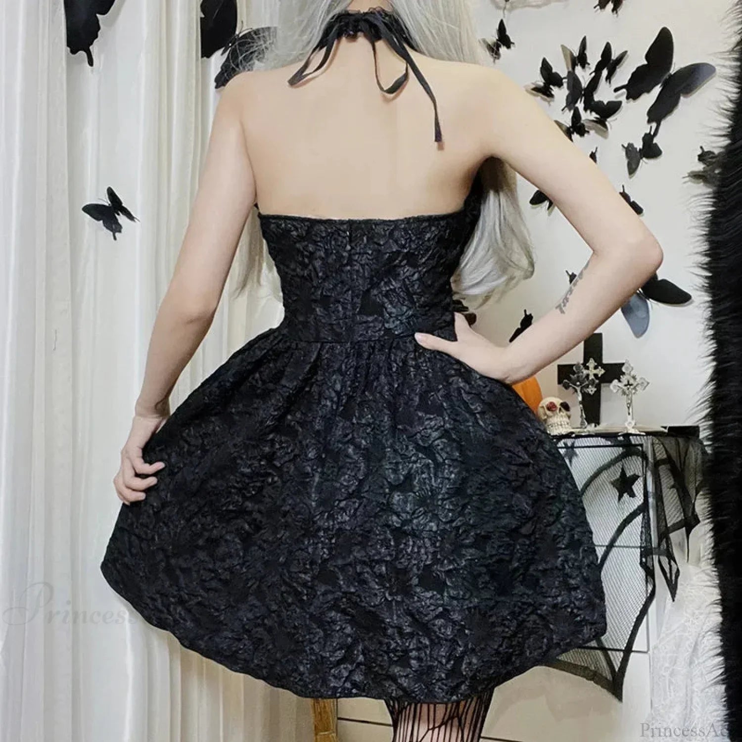 Gothic Cross Halter Ruffle Choker Lace-Up Corset Waist Jacquard Flared Mini Dress