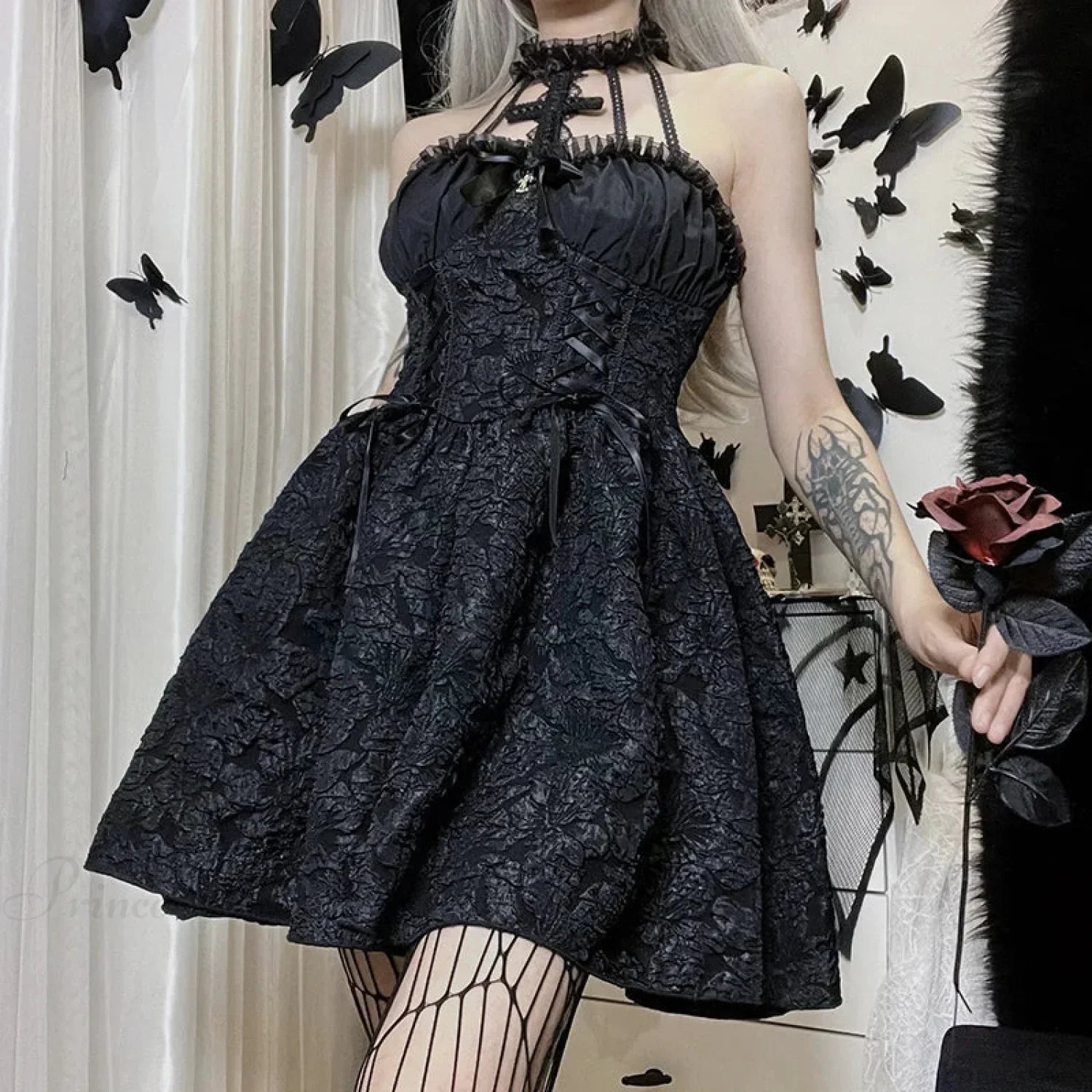Gothic Cross Halter Ruffle Choker Lace-Up Corset Waist Jacquard Flared Mini Dress