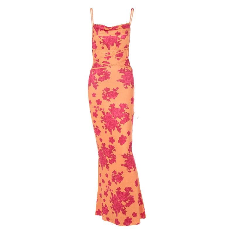 Floral Print Cowl Neck Self Tie Backless Cami Maxi Dress