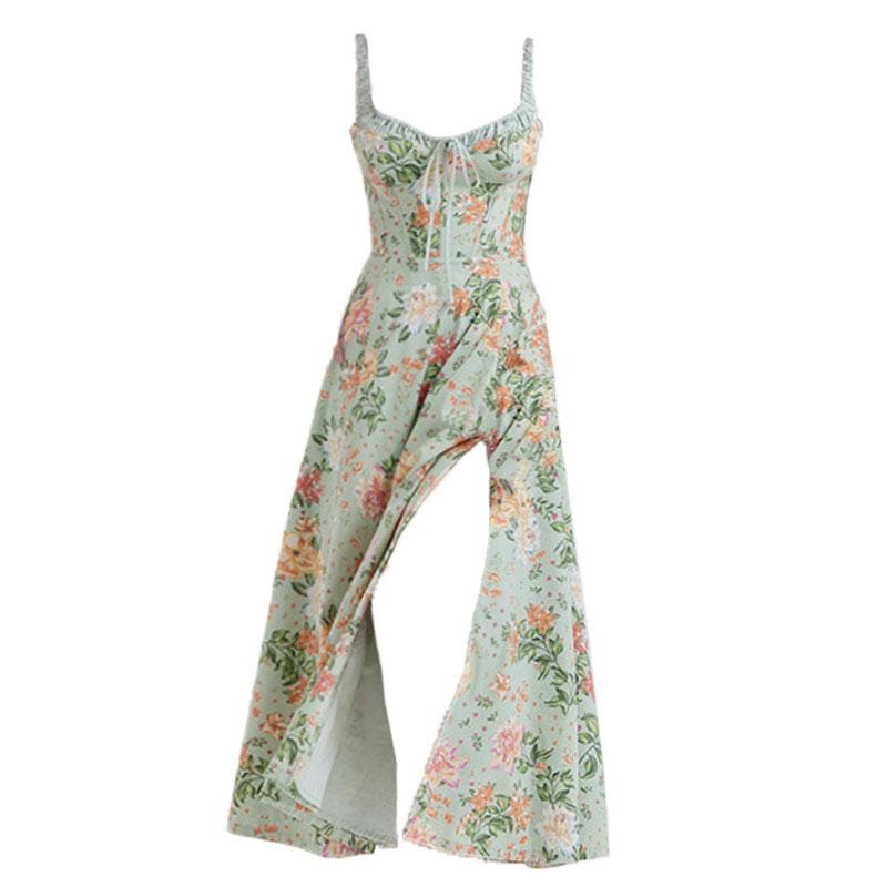 Floral Print Ruched Tie Neck Wide Strap Sleeveless A-Line Maxi Dress