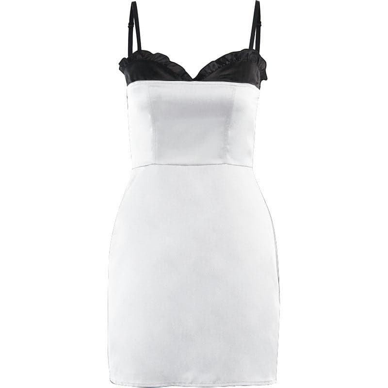 Sweetheart Ruffle Trim Zip Up Backless Satin Cami Mini Dress