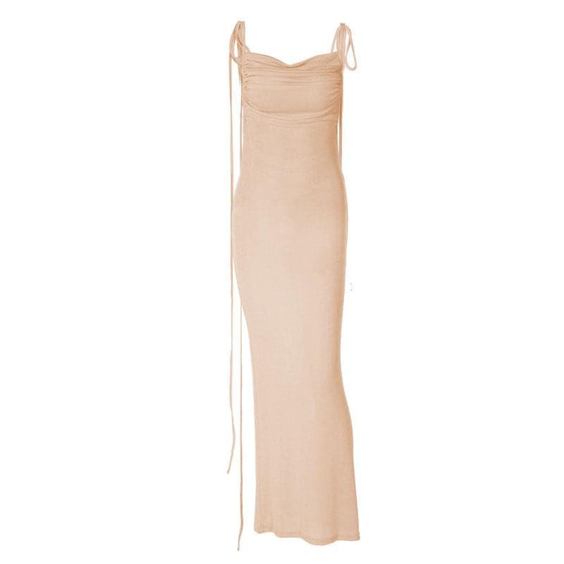 Cowl Neck Lace Up Back Tie Strap Backless Maxi Dress