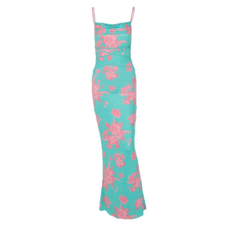 Floral Print Cowl Neck Self Tie Backless Cami Maxi Dress