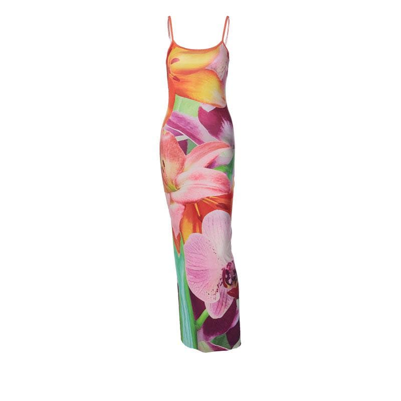 Oversized Floral Print Scoop Neck Spaghetti Strap Bodycon Maxi Dress