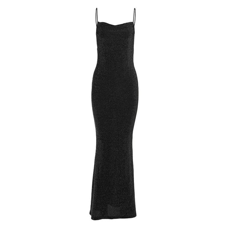 Spaghetti Strap Cowl Neck Glitter Metallic Backless Maxi Dress