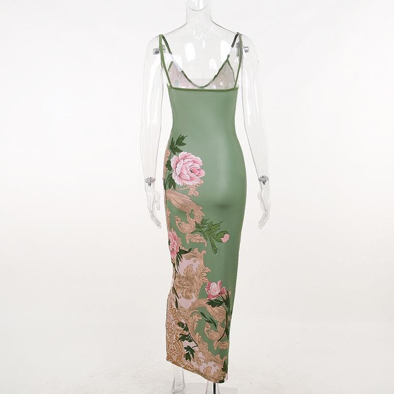 Spaghetti Strap V-Neck Floral Baroque Print Satin Bodycon Maxi Dress