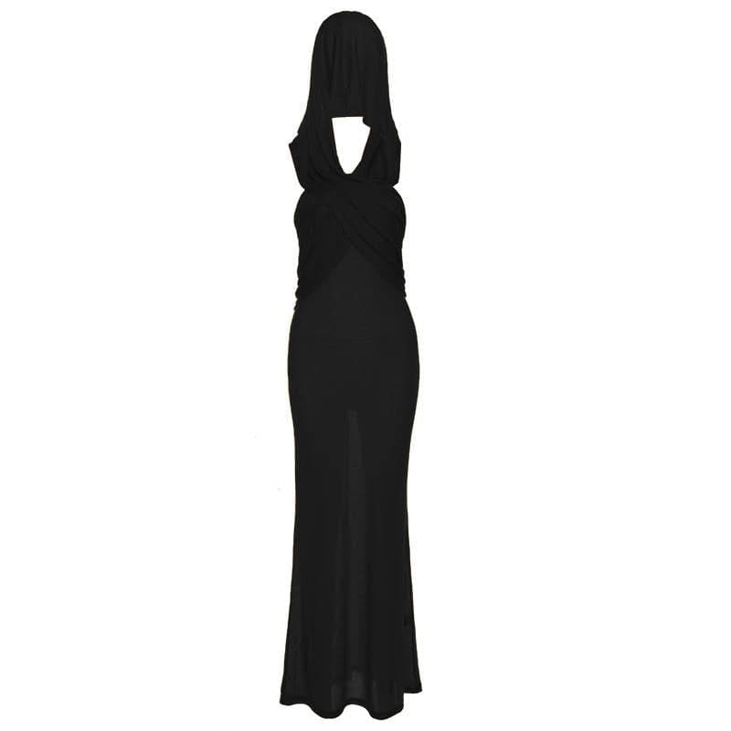 Hooded Cross Halter Ruched Sheer Overlay Bodycon Maxi Dress