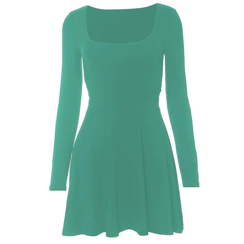 Square Neck Long Sleeve Lace Up Flared Skater Mini Dress