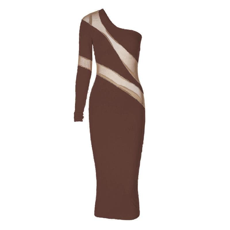 One Shoulder Long Sleeve Mesh Panel Bodycon Midi Dress