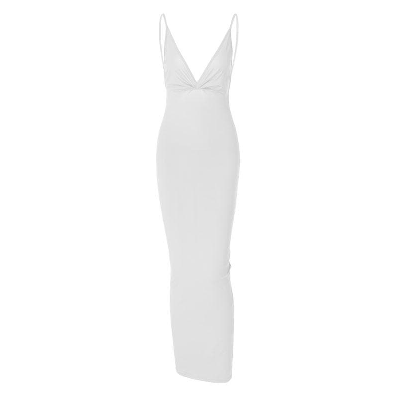 Ruched Back Deep V Backless Spaghetti Strap Maxi Dress