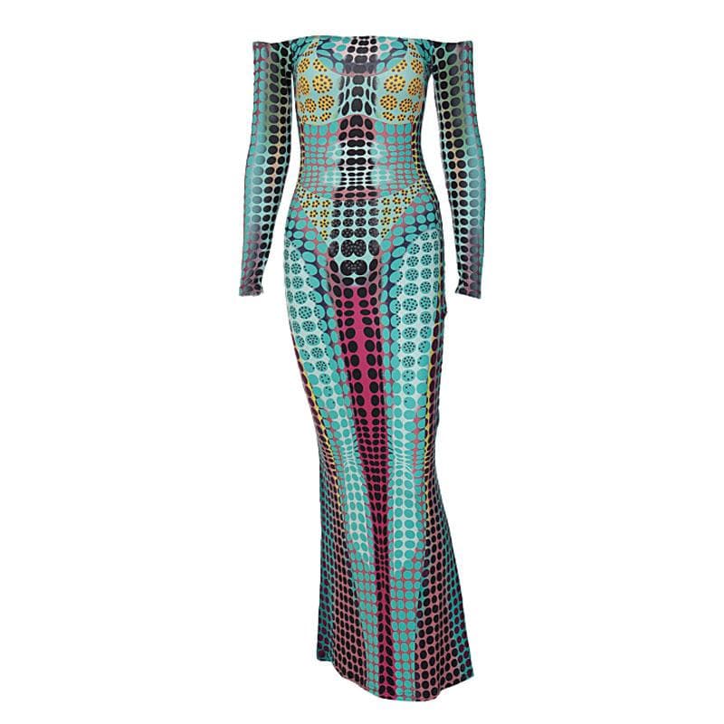 Off Shoulder Optical Illusion Dot Print Long Sleeve Bodycon Maxi Dress