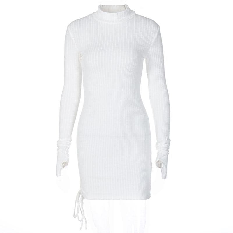 Long Sleeve High Neck Drawstring Ruched Ribbed Knit Mini Dress