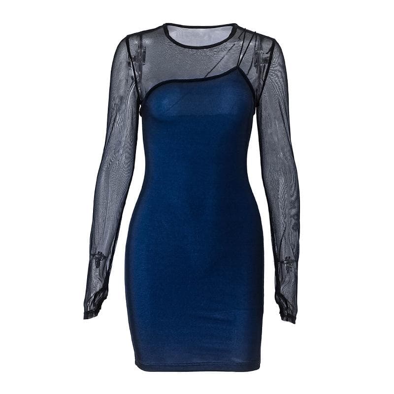 Mock Neck Mesh Long Sleeve Thumbhole Contrast Panel Bodycon Mini Dress
