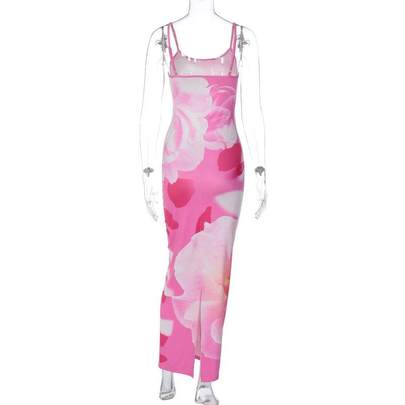 Oversized Floral Print Scoop Neck Spaghetti Strap Bodycon Maxi Dress