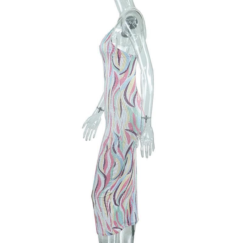 Spaghetti Strap Crossover Strap Abstract Pinstripe Print Bodycon Midi Dress