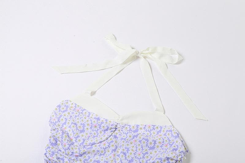 Halter Sweetheart Neck Ruched Ditsy Floral Ruffle Skirt Mini Dress