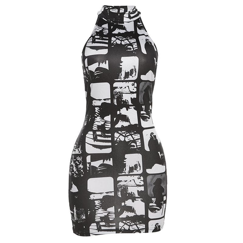 Graphic Collage Print Halter Neck Sleeveless Bodycon Mini Dress