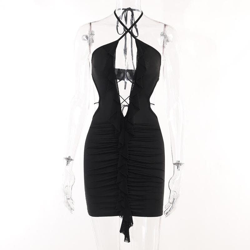 Halter Cross-Front Plunging Ruffle Trim Side Cutout Ruched Mini Dress