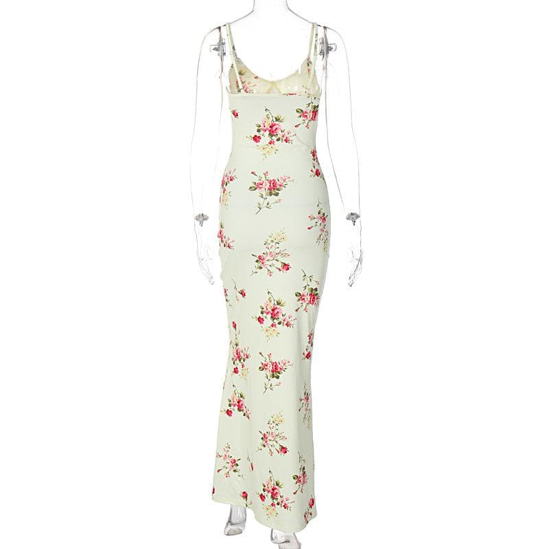 Floral Print Lace Trim V-Neck Spaghetti Strap Bodycon Maxi Dress
