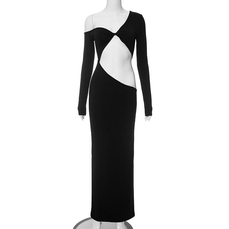 One Shoulder Long Sleeve Twist Front Teardrop Waist Cutout Bodycon Maxi Dress