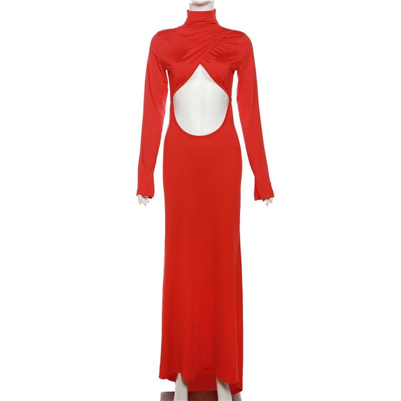 Long Sleeve High Neck Criss Cross Midriff Cut Out Maxi Dress