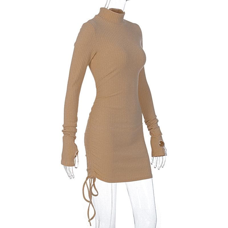 Long Sleeve High Neck Drawstring Ruched Ribbed Knit Mini Dress