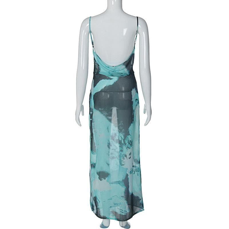Abstract Tie Dye Print Cowl Neck Spaghetti Strap High Slit Maxi Dress