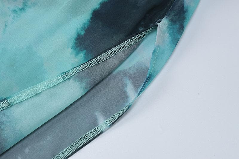 Abstract Tie Dye Print Cowl Neck Spaghetti Strap High Slit Maxi Dress