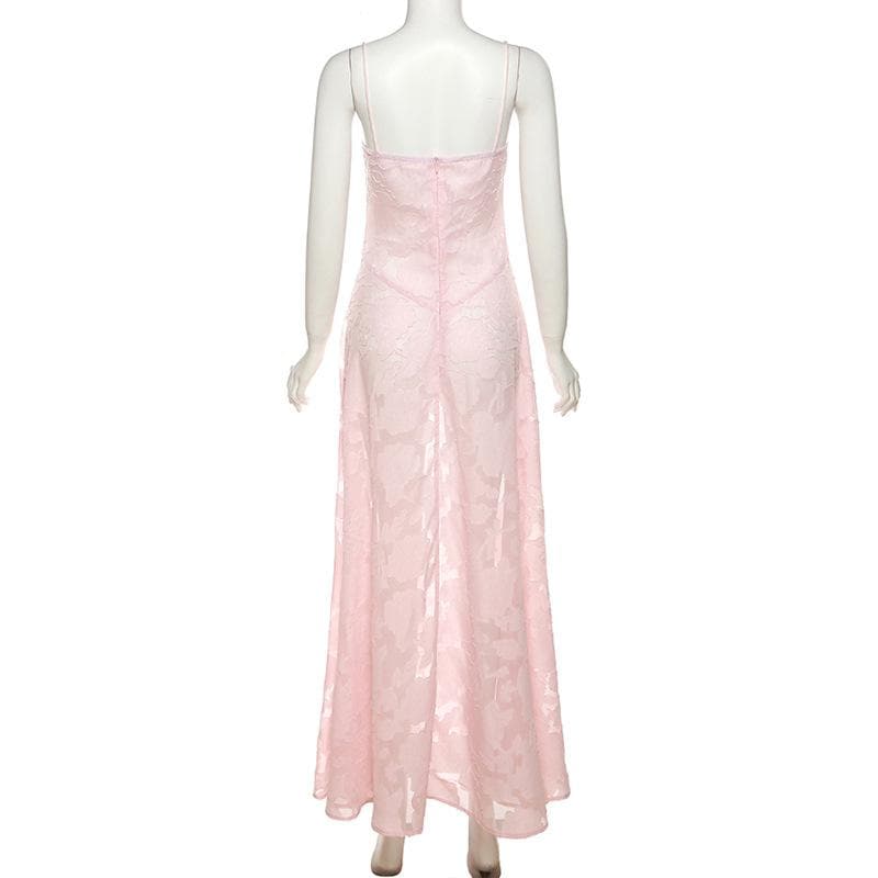 Square Neck Floral Jacquard Burnout Spaghetti Strap Backless Maxi Dress