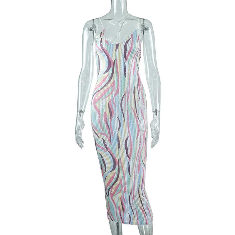 Spaghetti Strap Crossover Strap Abstract Pinstripe Print Bodycon Midi Dress